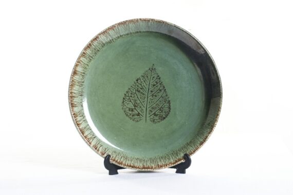 Dolni Studio Copper Green Dinner Plate with Leaf Pattern -Aranya Collection