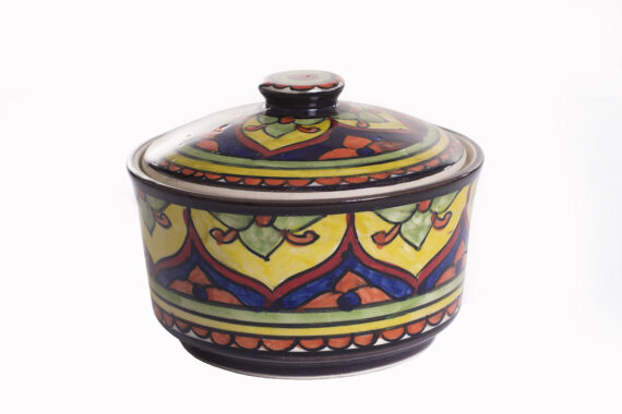 Dolni Studio Stoneware Ceramic hand-printed damask patterned Multicolor bowl with Lid