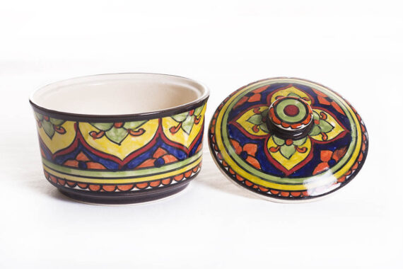 Dolni Studio Stoneware Ceramic hand-printed damask patterned Multicolor bowl with Lid