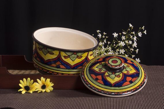 Dolni Studio Stoneware Ceramic hand-printed damask patterned Multicolor bowl with Lid