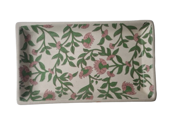 Dolni Studio Ceramic Green Leaf Pink Flower Tray