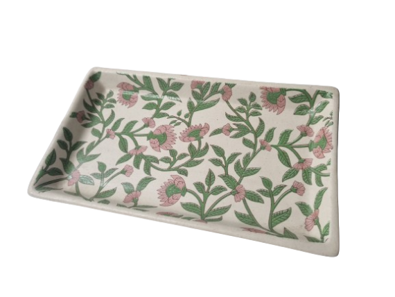 Dolni Studio Ceramic Green Leaf Pink Flower Tray