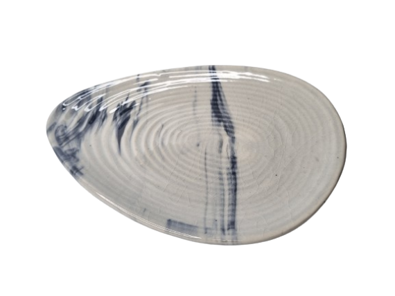 Dolni Studio Oval Platter Blue Brushstrokes on White Base, Nostalgia Collection 11"