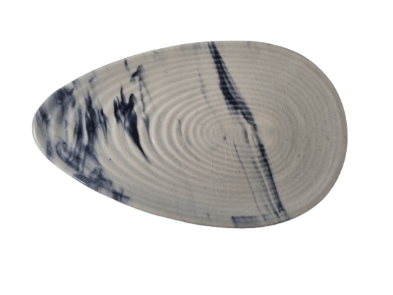 Dolni Studio Oval Platter Blue Brushstrokes on White Base, Nostalgia Collection 11"